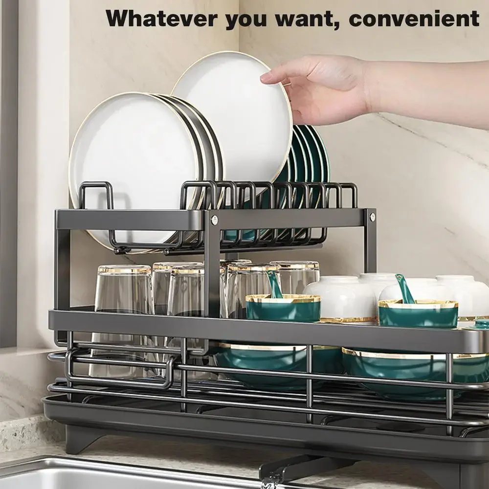 Dish Drying Rack Adjustable Kitchen Plates Organizer with Drainboard Over Sink Countertop Cutlery Storage Holder