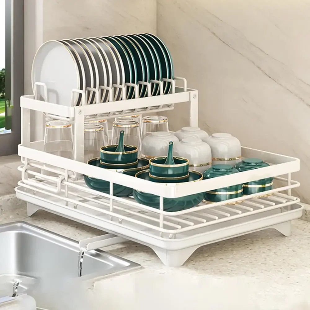 Dish Drying Rack Adjustable Kitchen Plates Organizer with Drainboard Over Sink Countertop Cutlery Storage Holder