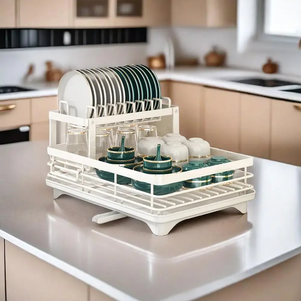Dish Drying Rack Adjustable Kitchen Plates Organizer with Drainboard Over Sink Countertop Cutlery Storage Holder