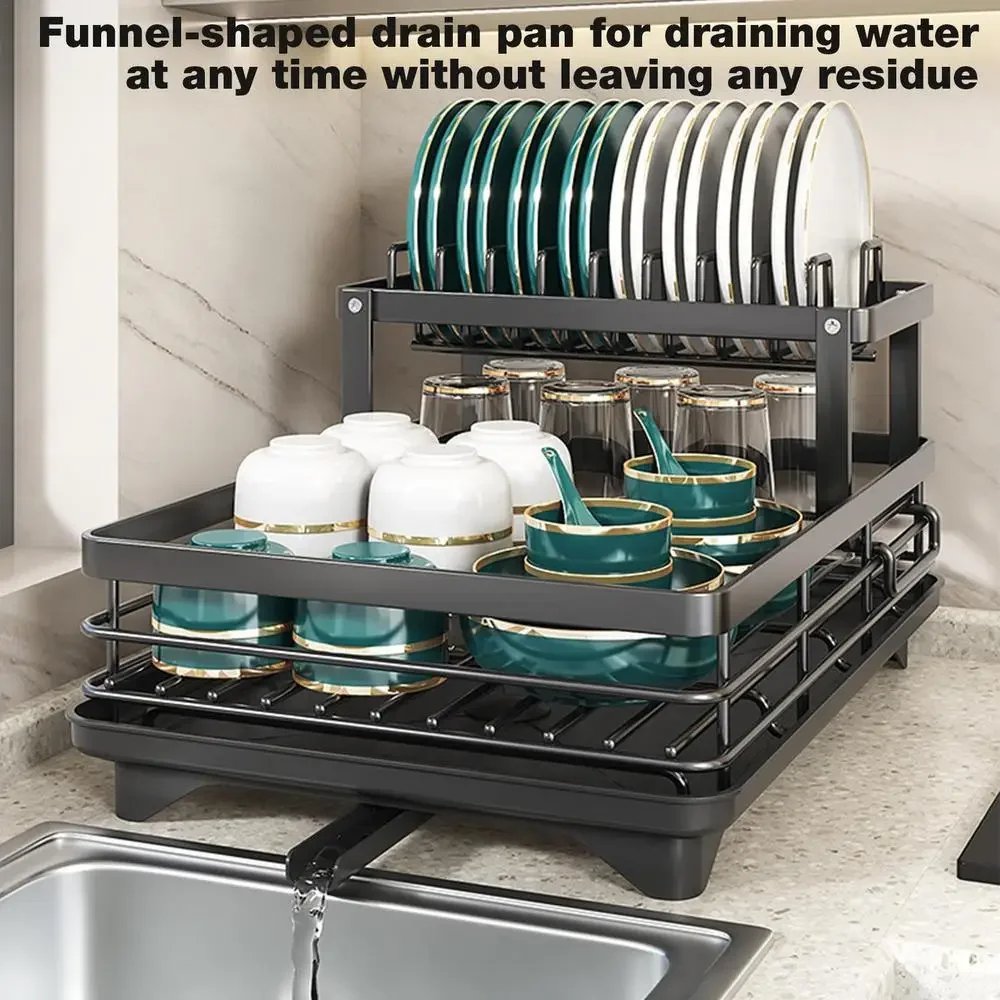 Dish Drying Rack Adjustable Kitchen Plates Organizer with Drainboard Over Sink Countertop Cutlery Storage Holder