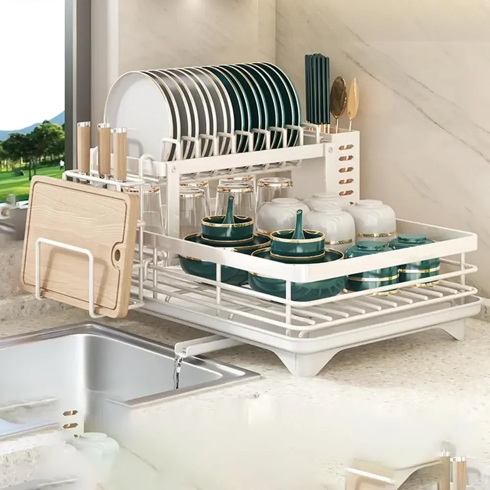 Dish Drying Rack Adjustable Kitchen Plates Organizer with Drainboard Over Sink Countertop Cutlery Storage Holder