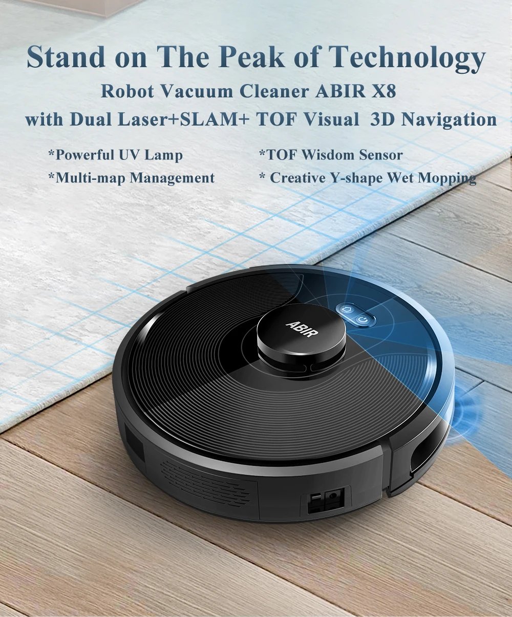 ABIR X8 Robot Vacuum Cleaner ,Laser System, Multiple Floors Maps, Zone Cleaning,Restricted Area Setting for Home Carpet Cleaning X8 Advanced Robot Vacuum Cleaner