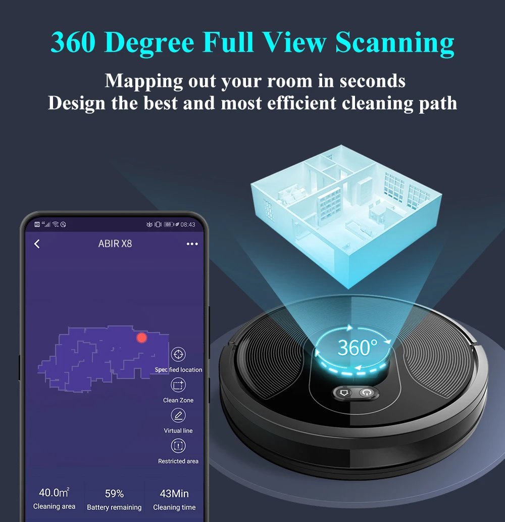ABIR X8 Robot Vacuum Cleaner ,Laser System, Multiple Floors Maps, Zone Cleaning,Restricted Area Setting for Home Carpet Cleaning X8 Advanced Robot Vacuum Cleaner
