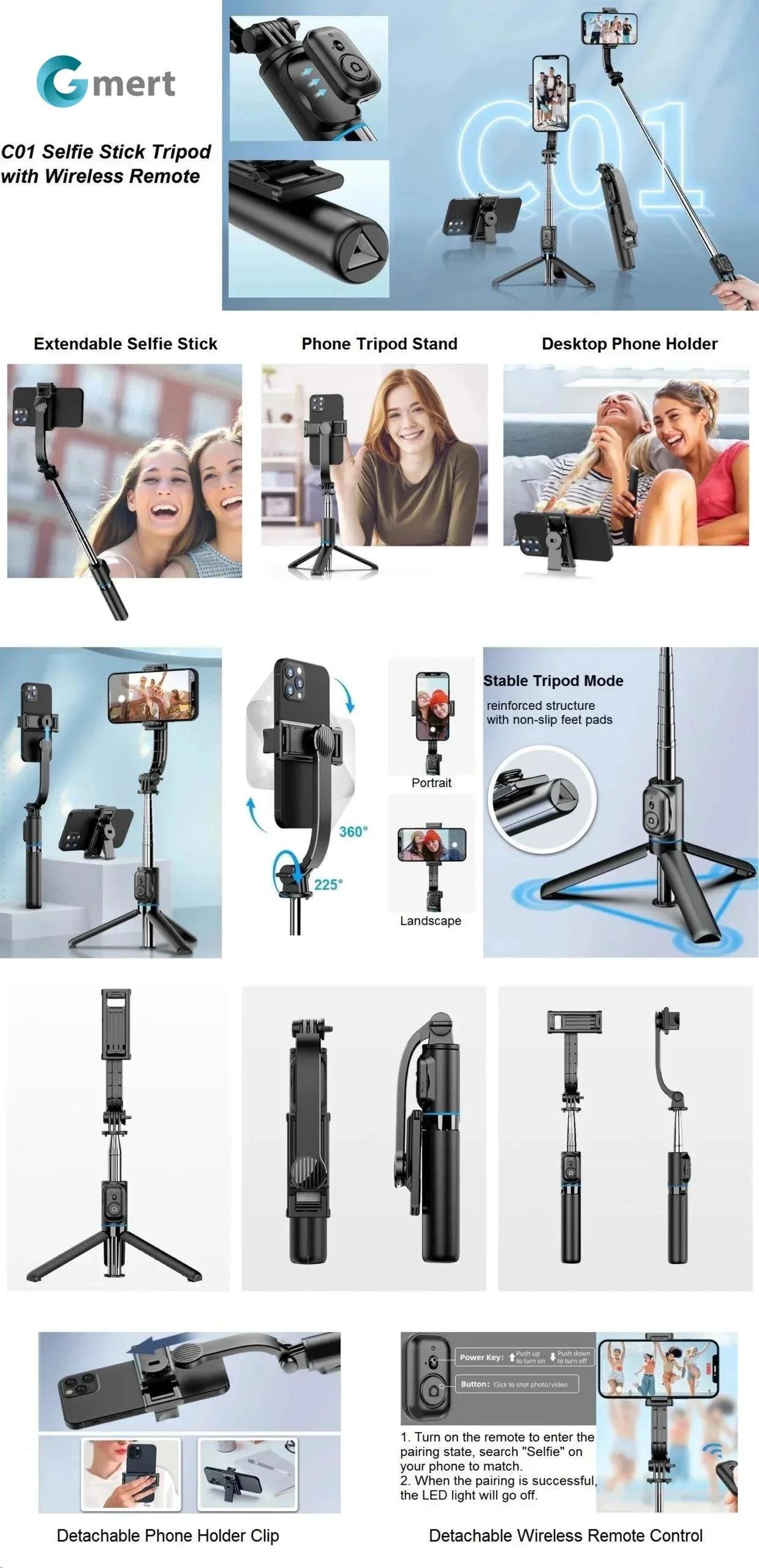 Selfie Stick with Tripod Stand and Remote, 42