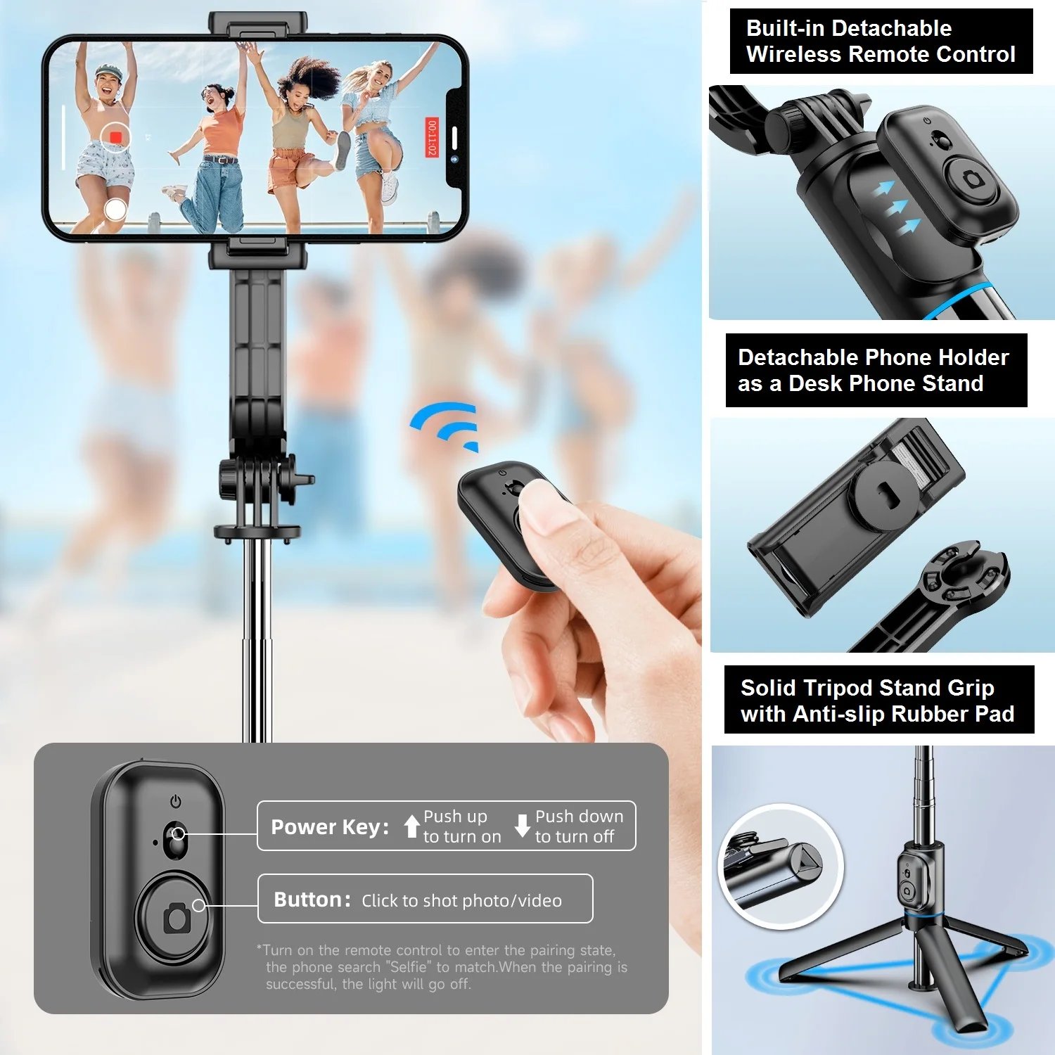 Selfie Stick with Tripod Stand and Remote, 42″ Extendable Selfie Stick for iPhone 15 14 13 12 Pro Max Android Galaxy S23 S22 Selfie Stick with Tripod Stand and Remote, 42