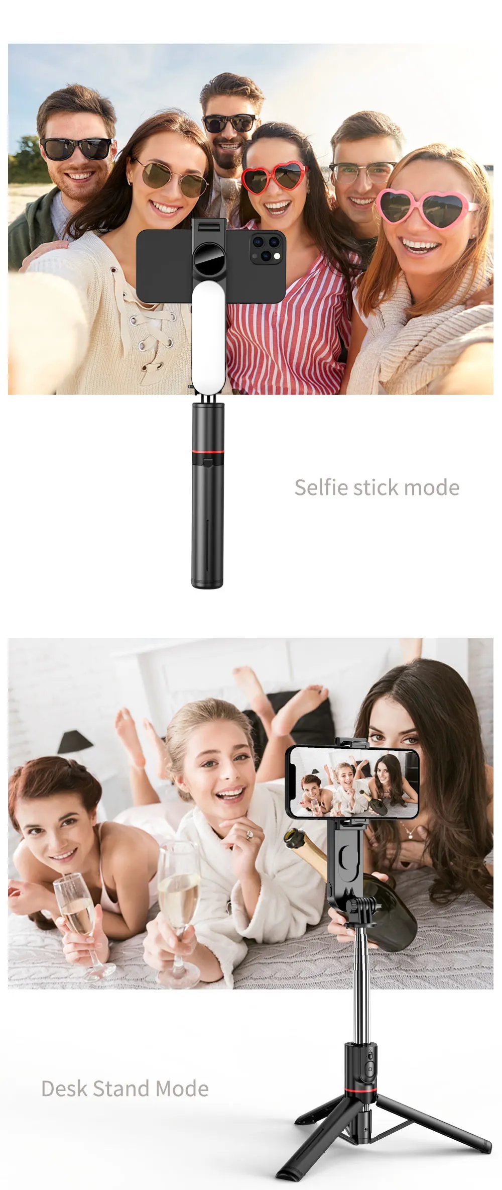 KEELEAD Selfie Stick with Fill Light Foldable Mini Tripod Wireless Bluetooth Remote Shutter for iPhone Smartphones
