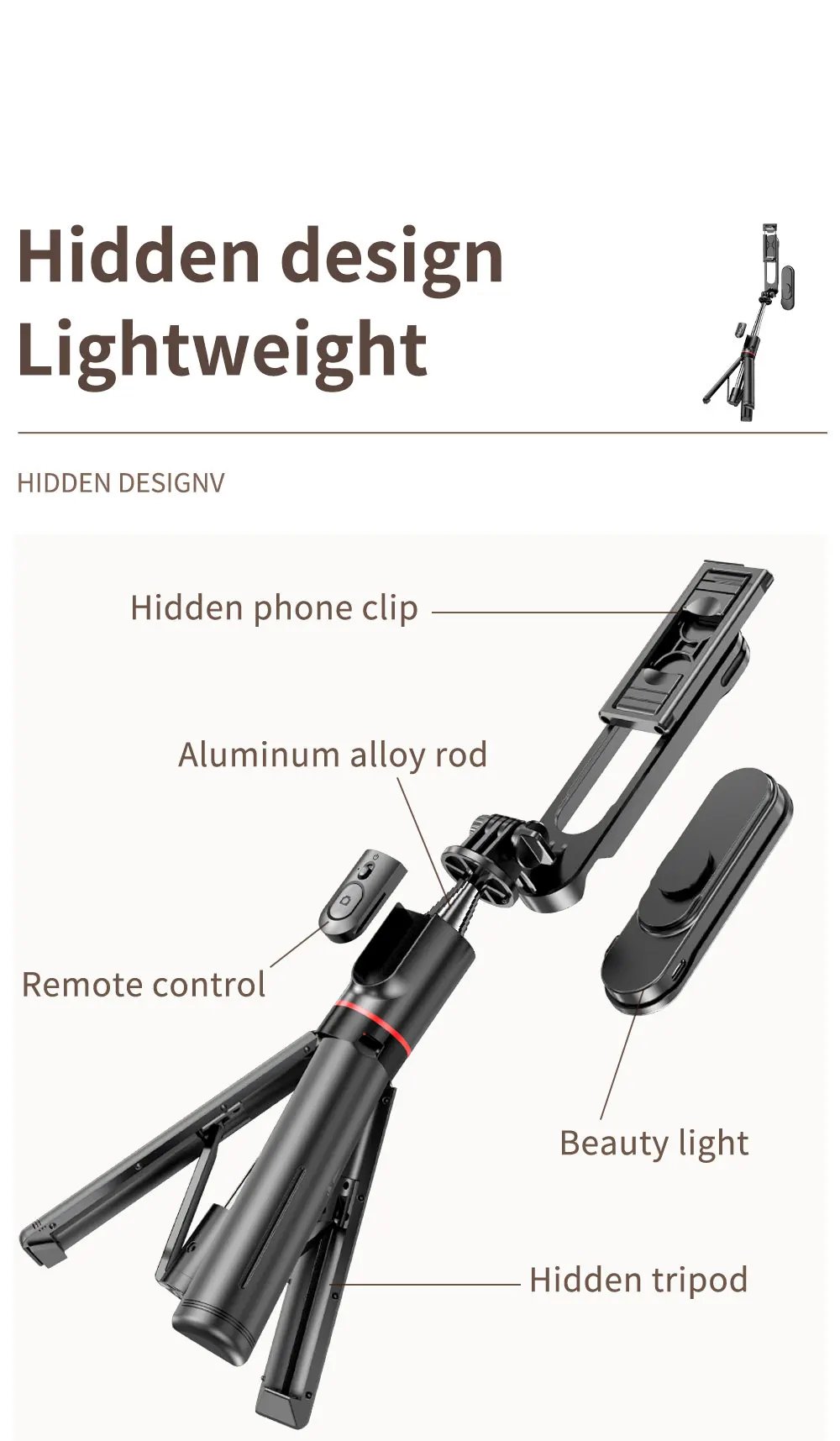 Gmert Selfie Stick Fill Light Foldable Mini Tripod. 9 lighting positions Extends up to 1070mm for wide-angle shots, perfect for all phones