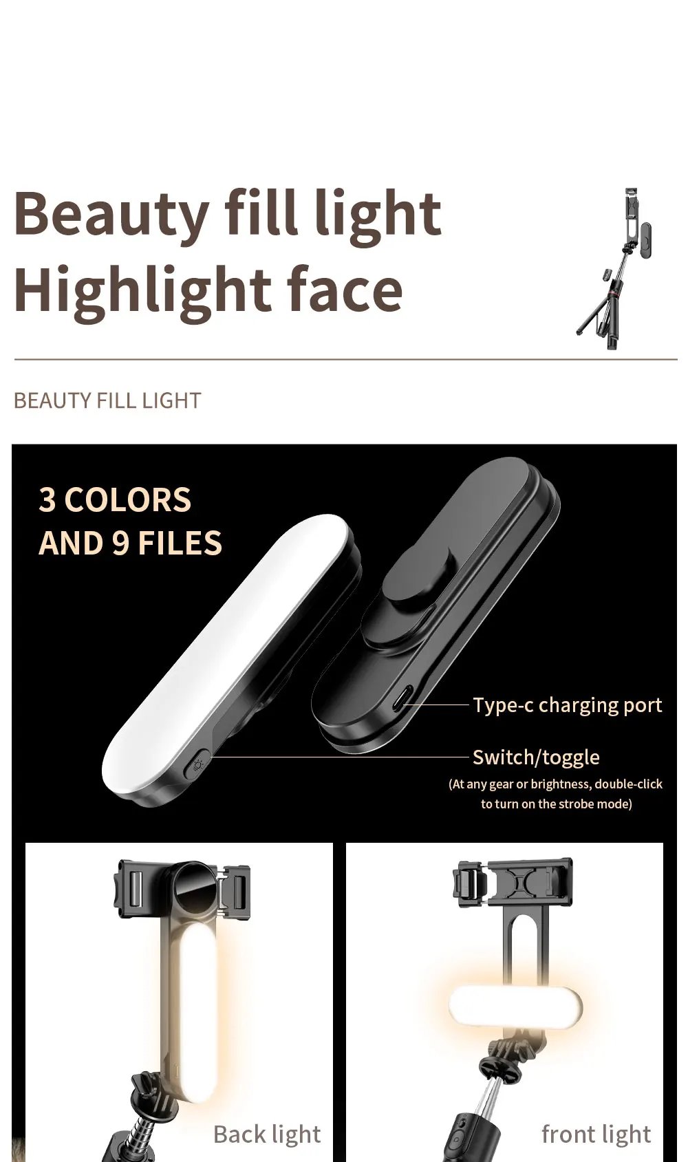 Gmert Selfie Stick Fill Light Foldable Mini Tripod. 9 lighting positions Extends up to 1070mm for wide-angle shots, perfect for all phones