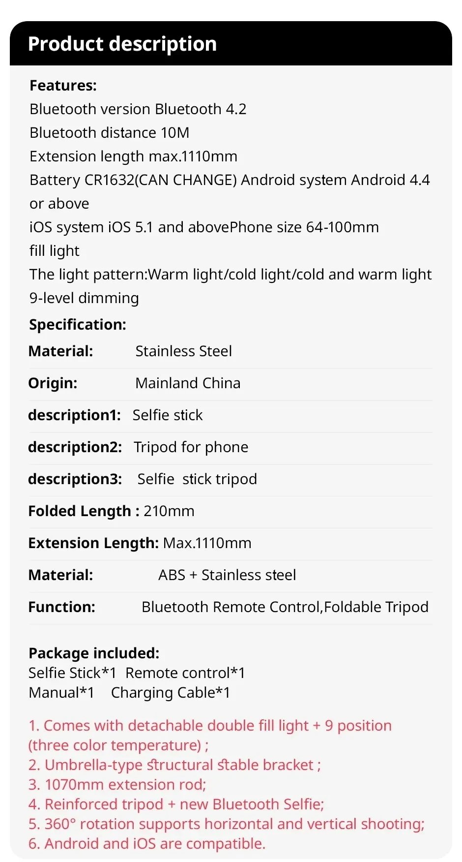 KEELEAD Selfie Stick with Fill Light Foldable Mini Tripod Wireless Bluetooth Remote Shutter for iPhone Smartphones