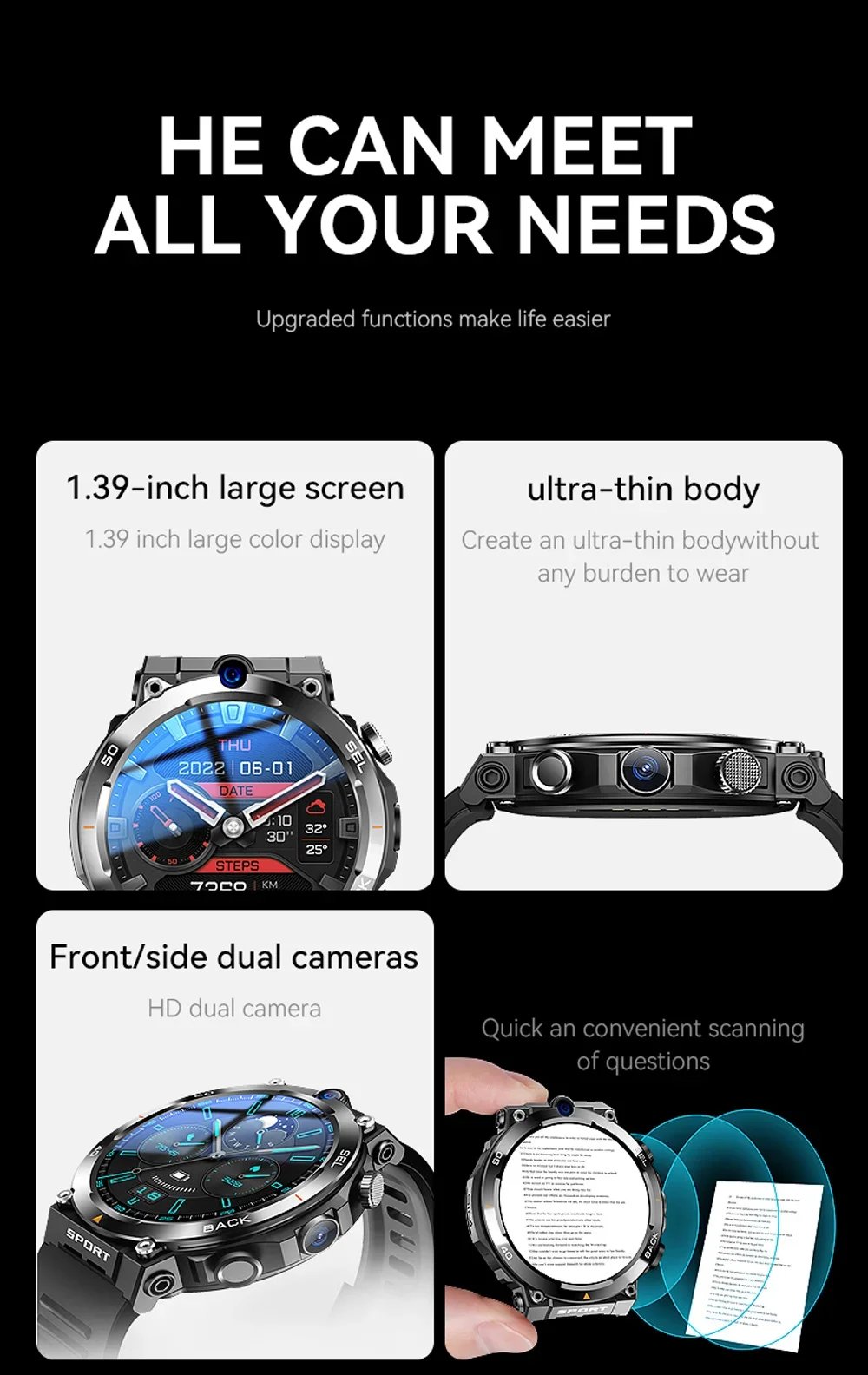 1.39-inch 4G Network SIM Card Smart Watch Dual Camera GPS Wifi NFC Rugged 64G-ROM Google Play IP67 Android Men Women Smartwatch 1.39-inch 4G Network SIM Card Smart Watch Dual Camera GPS Wifi NFC Rugged 64G-ROM Google Play IP67 Android Men Women Smartwatch