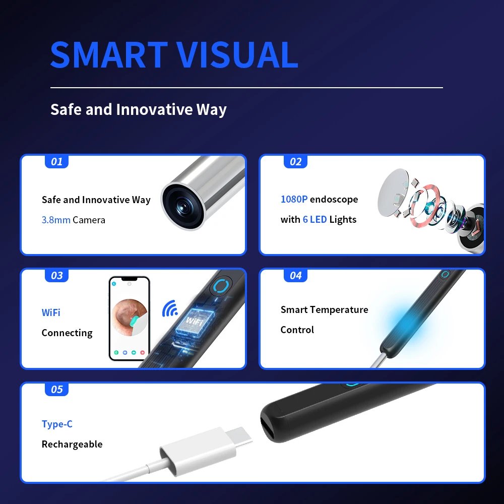 Smart Visual Ear Cleaner HD Ear Sticks Otoscope USB C Charging Endoscope Wax Removal Tool Earpick MIni Camera Health Care Set Smart Visual Ear Cleaner HD Ear Sticks Otoscope USB C Charging Endoscope Wax Removal Tool Earpick MIni Camera Health Care Set