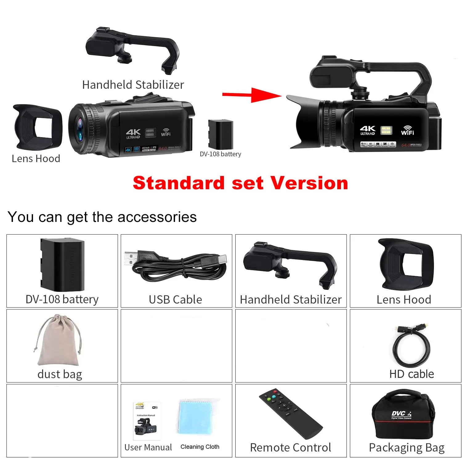 4K Digital Camera 64MP 18X Zoom 4″ Touch Screen WiFi with Stabilizer & Hood Charge While Recording 4K Digital Camera 64MP 18X Zoom 4