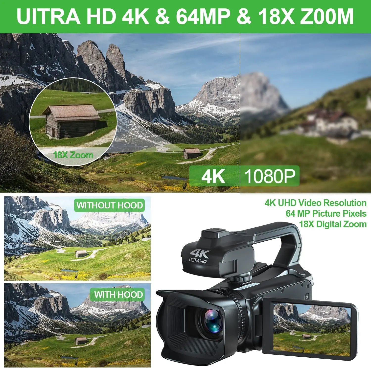 4K Digital Camera 64MP 18X Zoom 4″ Touch Screen WiFi with Stabilizer & Hood Charge While Recording 4K Digital Camera 64MP 18X Zoom 4