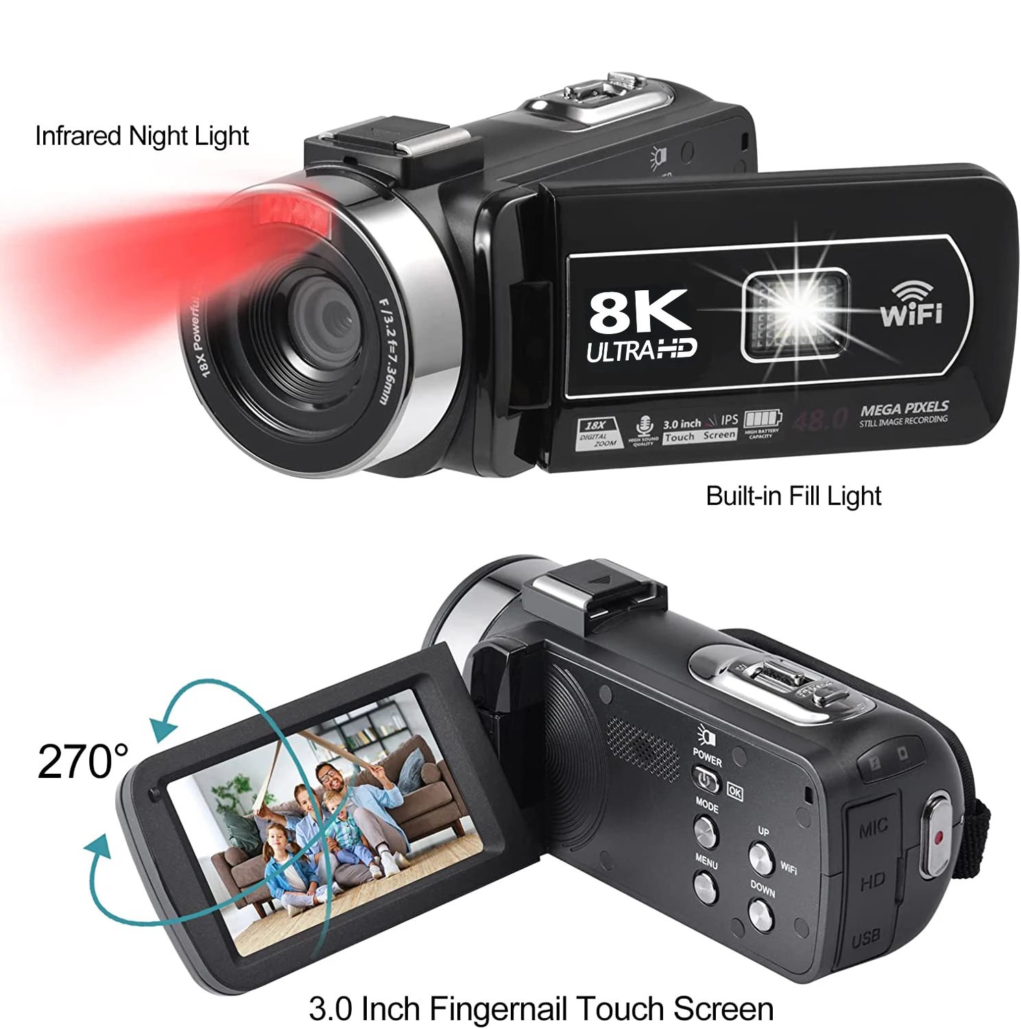 Vlogging Digital Video Camera 8K 64MP 18X Zoom 3″ Touch Screen WIFI with IR Night Vision Record Slow Motion Vlogging Digital Video Camera 8K 64MP 18X Zoom 3