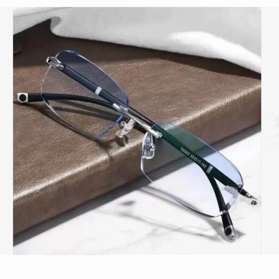 Fashionable frameless blue light blocking reading glasses for men, business style, photochromic for elderly. Photochromic Anti-blue Ray Reading Glasses