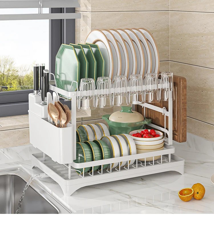 2 tier,dish drying rack,Cutlery rack with spout and draining tray,cutlery holder,cup holder,kitchen countertop storage rack 2-Tier Dish Drying Rack with Cutlery Holder and Draining Tray – Kitchen Countertop Storage Rack. keeping your kitchen countertop clean, dry, and well organized. Designed to hold plates, bowls, cups, and cutlery in one compact unit,