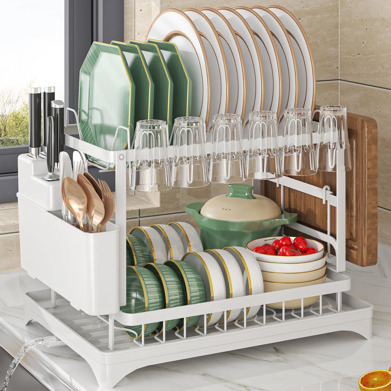 2 tier,dish drying rack,Cutlery rack with spout and draining tray,cutlery holder,cup holder,kitchen countertop storage rack 2 tier,dish drying rack,Cutlery rack with spout and draining tray,cutlery holder,cup holder,kitchen countertop storage rack