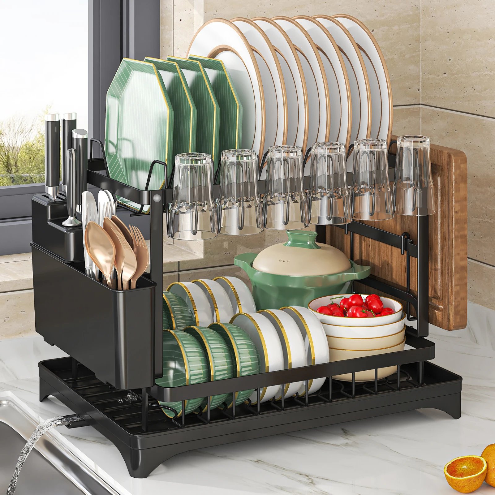 2 tier,dish drying rack,Cutlery rack with spout and draining tray,cutlery holder,cup holder,kitchen countertop storage rack 2 tier,dish drying rack,Cutlery rack with spout and draining tray,cutlery holder,cup holder,kitchen countertop storage rack