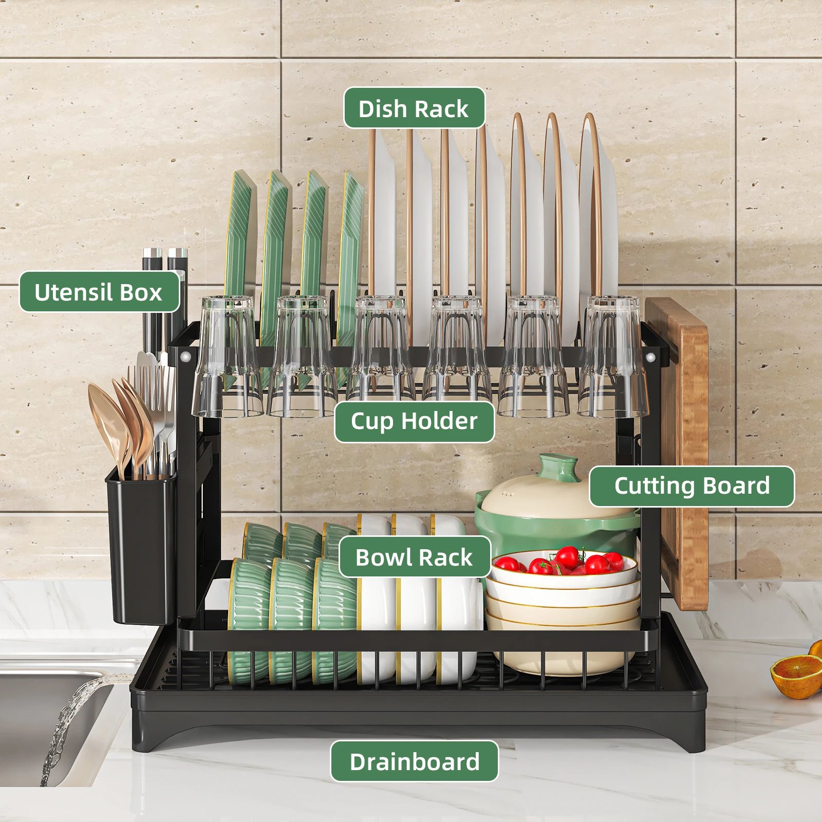 2 tier,dish drying rack,Cutlery rack with spout and draining tray,cutlery holder,cup holder,kitchen countertop storage rack 2 tier,dish drying rack,Cutlery rack with spout and draining tray,cutlery holder,cup holder,kitchen countertop storage rack